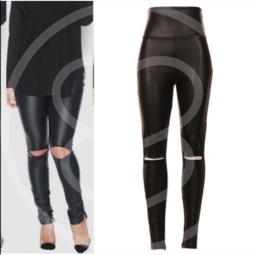 High Waisted Tummy Control Vegan Leather Leggings - Picture 4 of 5